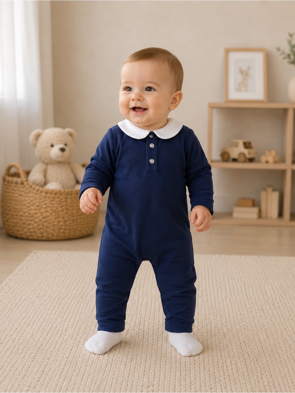 Edgehill Collection Boy’s Navy Corduroy One-Piece Romper 6M Peter Pan Collar